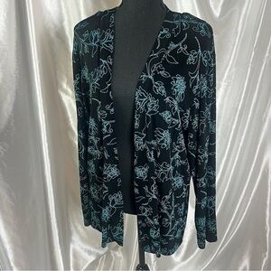 2/$15 Vintage Made in Heaven Open Front Boho Cardigan – Black & Blue Floral 2X